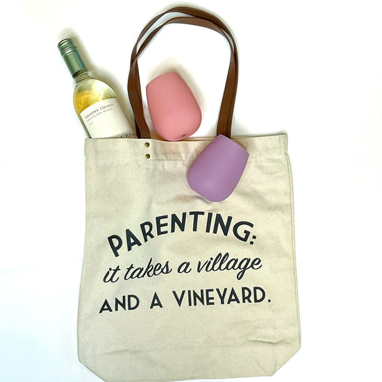 all the wine collection parenting: it takes a village and a vineyard high quality canvas tote bag with faux leather shoulder straps leggings and vino style humor inclusivity women owned