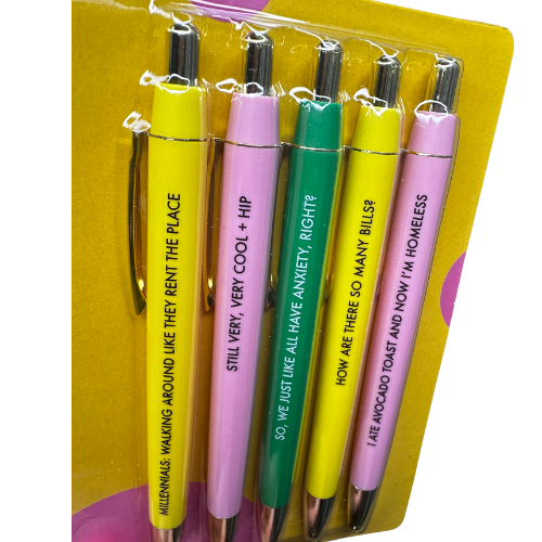 millenial pen set millenials xennials gen x funny pens novelty joke hilarious practical birthday just because valentines gift work pen click pen avocado toast rent anxiety giftable happy lagniappe