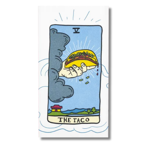 premium quality cotton hand bath kitchen towel that says the taco and features a taco tarot card design humor gift funny birthday fathers day friend happy lagniappe