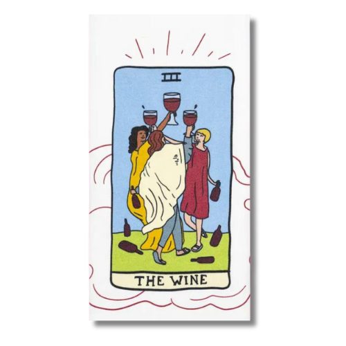 premium quality cotton hand bath kitchen towel that says the wine and features a wine tarot card design with people drinking wine together humor gift funny birthday fathers day friend happy lagniappe