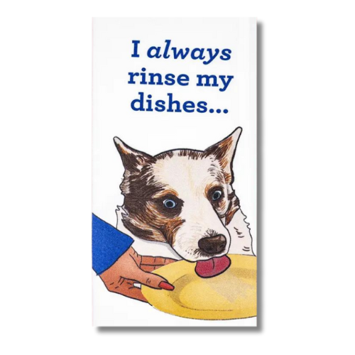 premium quality kitchen towel bathroom decorative funny comical i always rinse my dishes with a dog licking a plate hysterical dog lover hostess best friend birthday gift