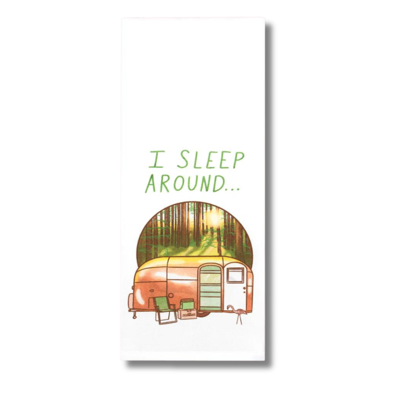 premium quality sublimated cotton hand towel for kitchen or bath i sleep around rv trailer camper travel trailer funny hilarious gift christmas holiday hannukah house warming family funny hand towel