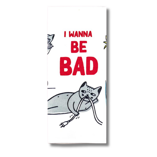 premium quality sublimated cotton hand towel for kitchen or bath i wanna be bad lounging cat with a cord in its mouth naughty cat sassy catfunny hilarious gift christmas holiday hannukah house warming family funny hand towel