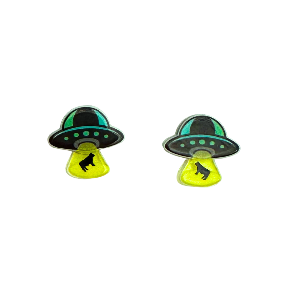 ufo abducting a cow stud earrings alien ufo beaming up a cow shadows halloween spooky season extra terrestrial aliens earring fashion style leggings and vino style humor inclusivity