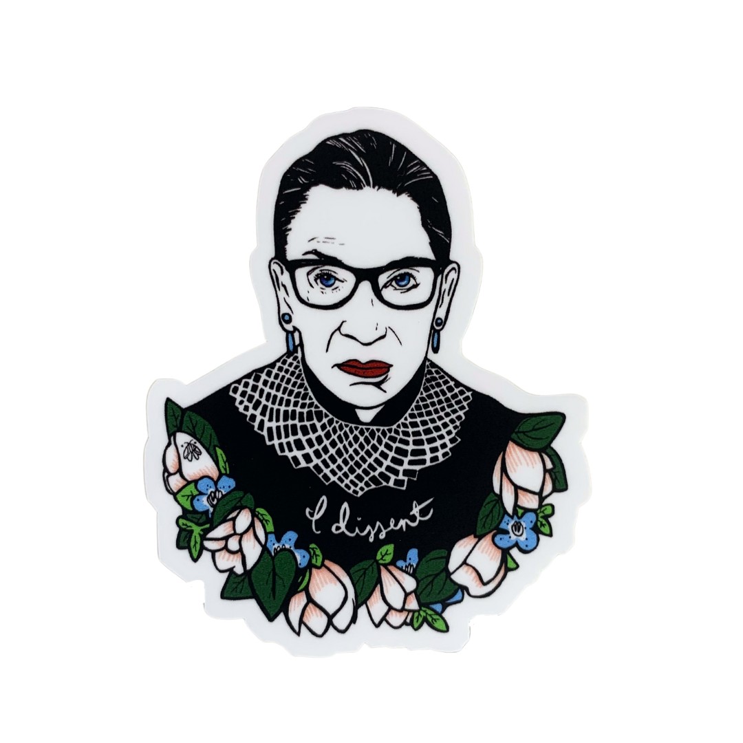 RBG Ruth Bader Ginsburg in her traditional robe and collar with flowers at the bottom and the phrase I dissent in cursive premium vinyl sticker decal