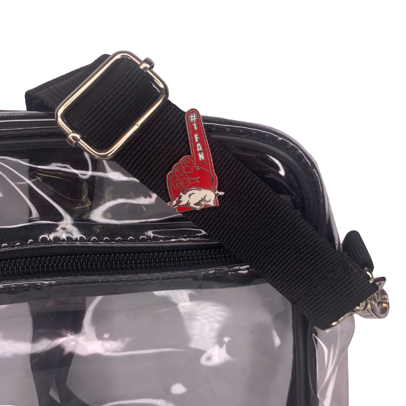 #1 Arkansas Razorback fan finger lapel pin on clear stadium bag