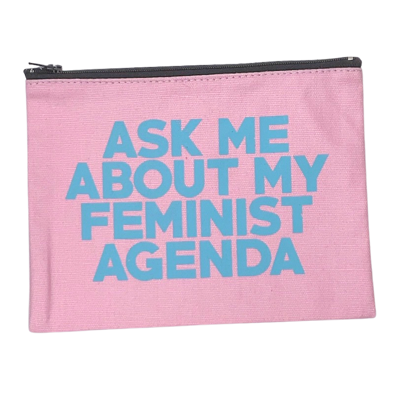 ask me about my feminist agenda zipper pouch in pink and blue