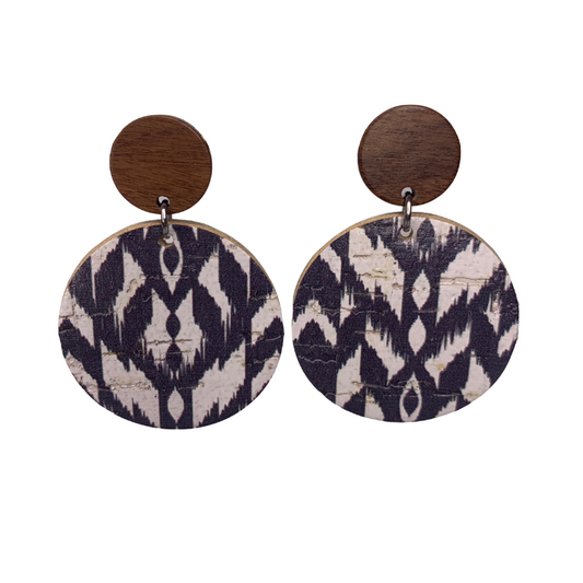 black and white ikat boho aztec design on cork and faux leather with wooden post earrings