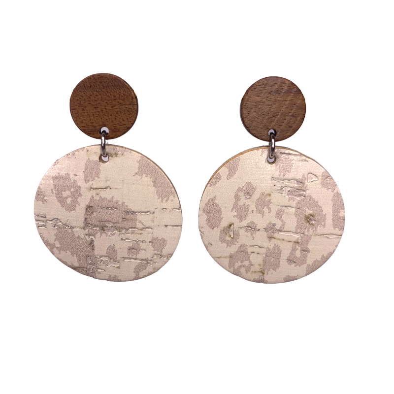 neutral cream leopard print drop earrings on cork faux leather and wood