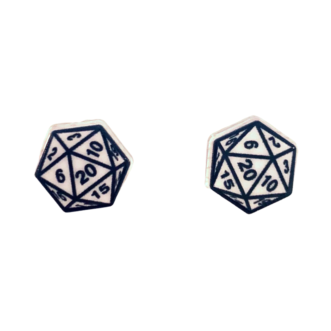 dungeons and dragons dice stud earrings DND D&D dice earrings white dice with black numbers D20 dice
