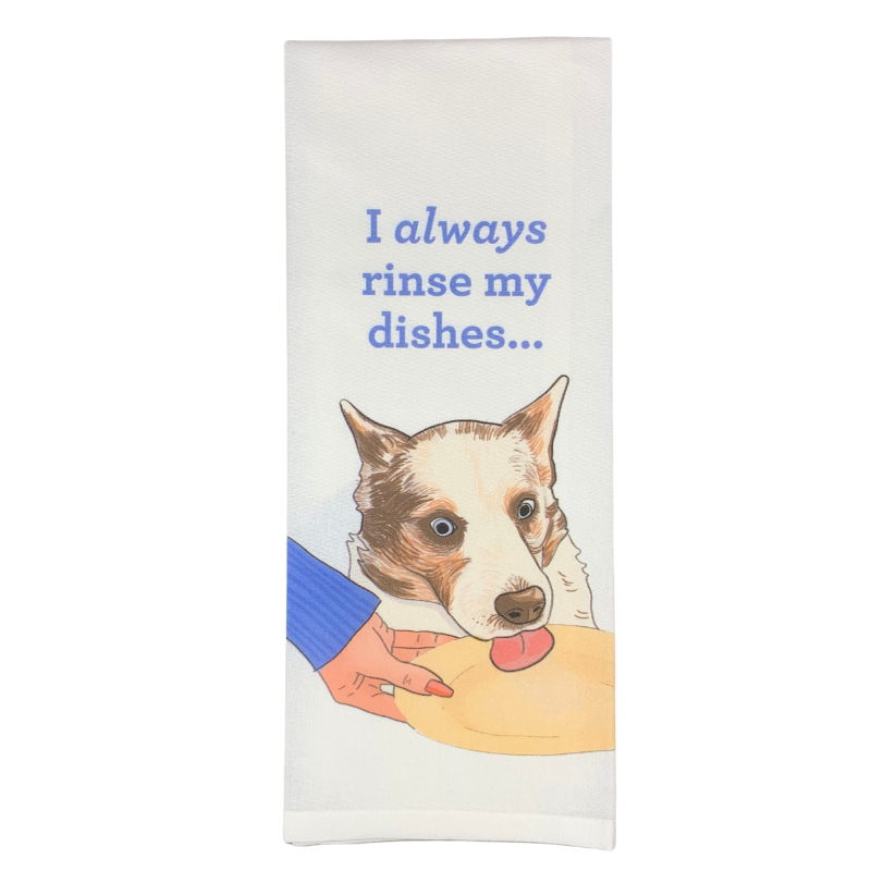premium quality kitchen hand towel with sublimated design that has a dog licking food off a plate and it says i always rinse my dishes