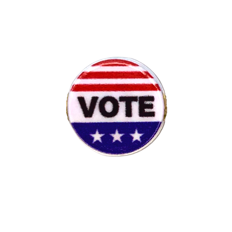 round white circle stud earrings that say VOTE in black with three red stripes on tops and a blue block at the bottom with three white stars going across close up