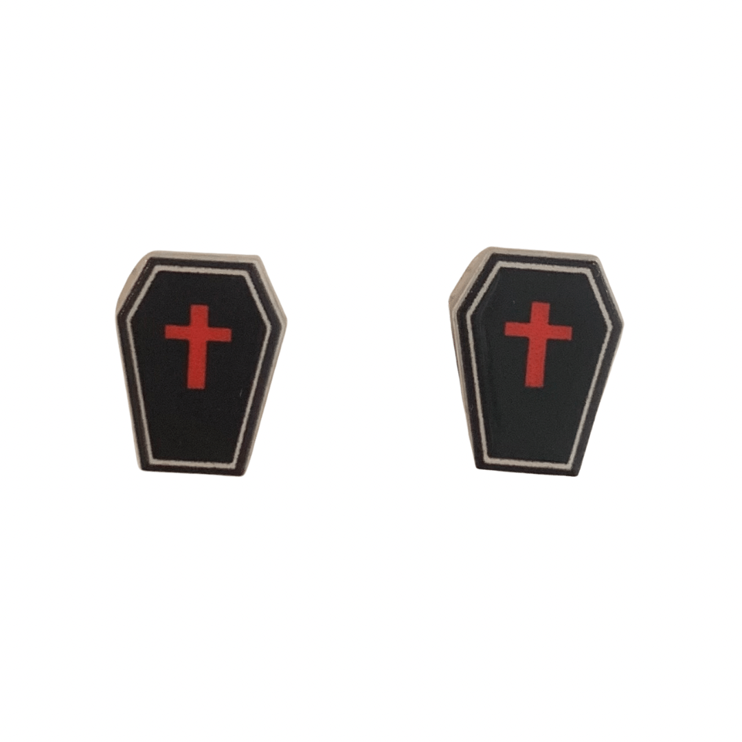 spooky coffin stud earrings black coffins with red crosses on top halloween spooky death
