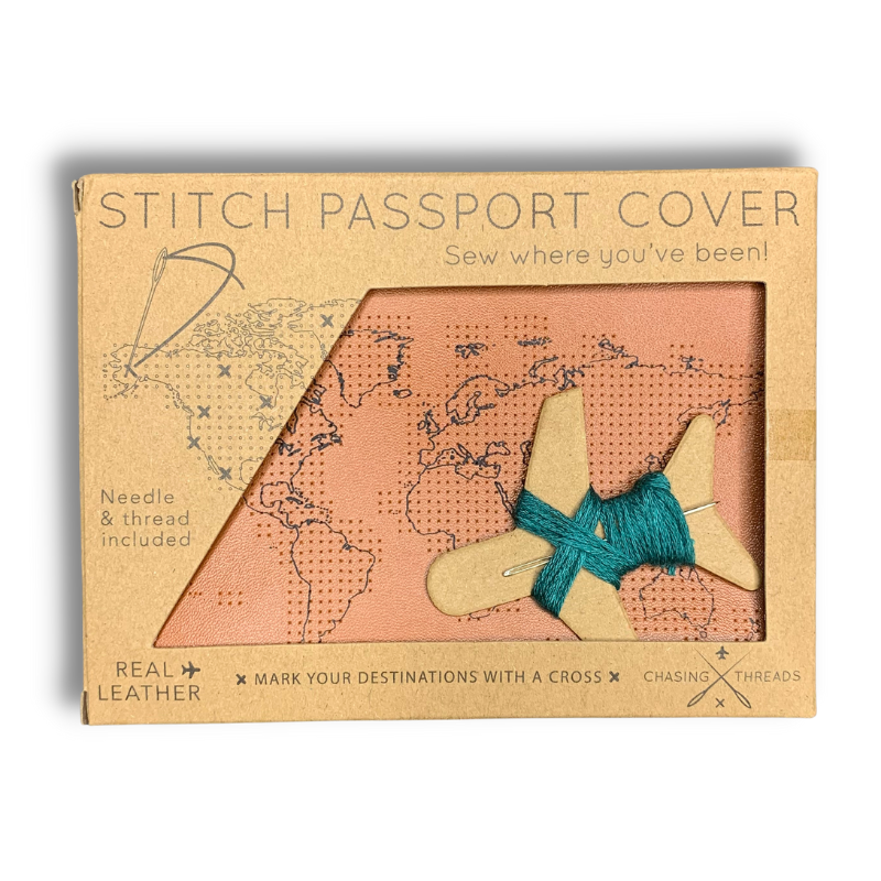 stitch where you've been genuine real leather passport cover brown cognac leather perforated with a world map with needle and thread to cross stitch where you've been travel