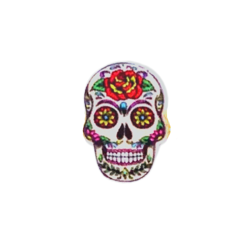 sugar skull stud earrings white skulls with colorful flowers and patterns like traditional sugar skulls close up