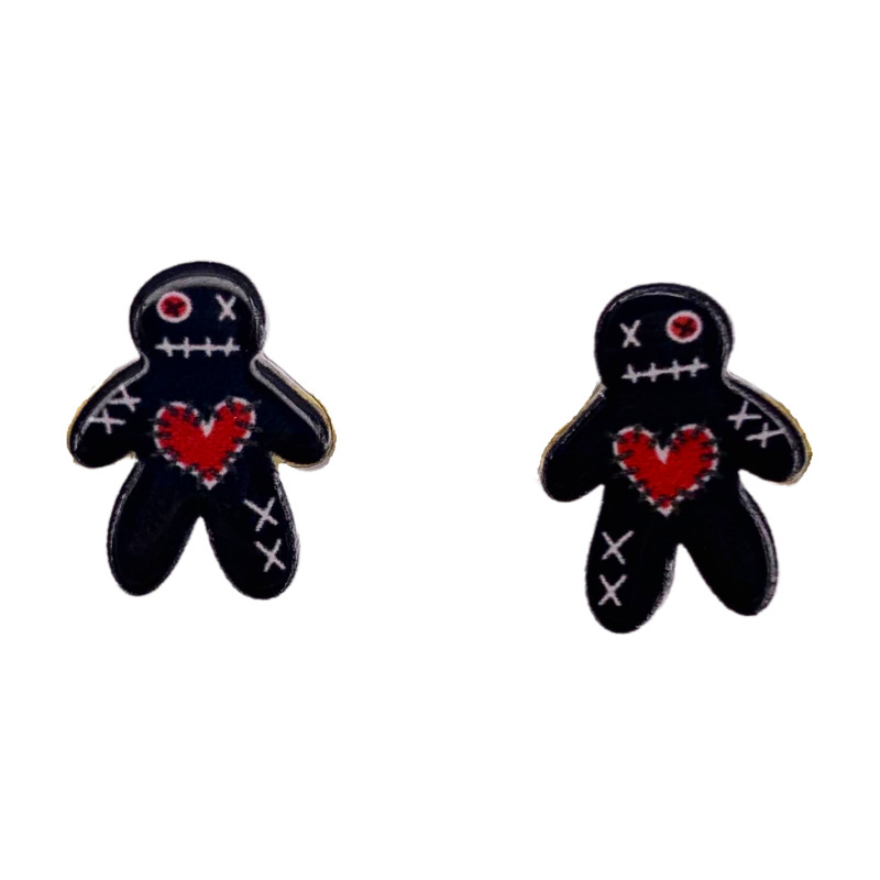 voodoo doll stud earrings spooky black voodoo dolls shown with white stitching and red patches halloween