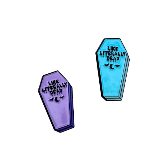 like literally dead enamel pin candy colored coffin that says like literally dead with a moon and bats on it spooky season halloween witchy accessory for purse bag jacket leggings and vino style humor inclusivity