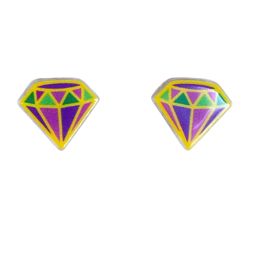 mardi gras fat tuesday diamond gem stud earrings purple green and gold festive parade