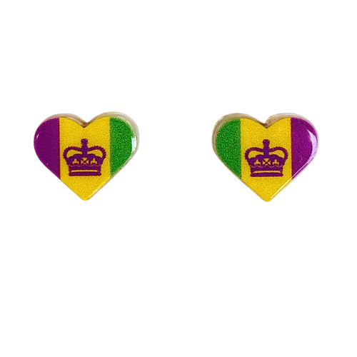 mardi gras fat tuesday king cake crown stud earrings purple green and gold festive parade new orleans krewe royalty king of parade