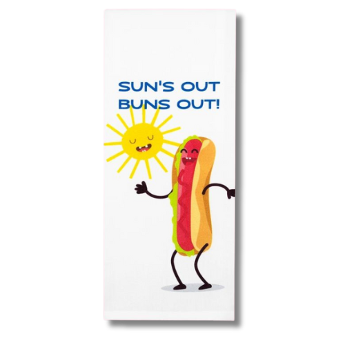 premium quality cotton hand bath kitchen towel that says suns out buns out with a smiling hotdog and sun on the front humor gift funny birthday fathers day friend happy lagniappe