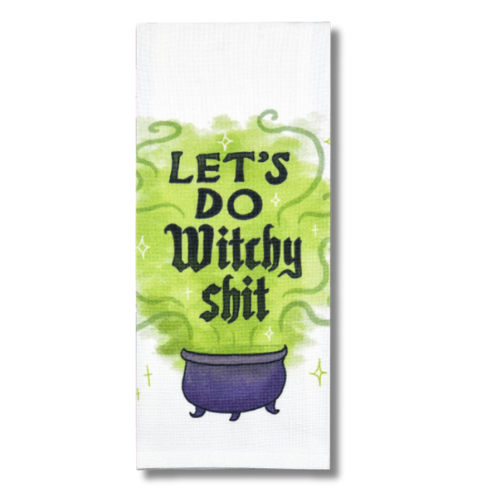 premium quality hand dish towel with sublimated design in vibrant colors that says let's do witchy shit in the steam of a witch cauldron witchy spooky coven feminism occult gift