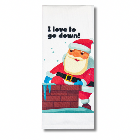 premium quality sublimated cotton hand kitchen towel bath santa in a chimney saying i love to go down sexual innuendo cunnilingus gift hilarious funny joke holiday house warming