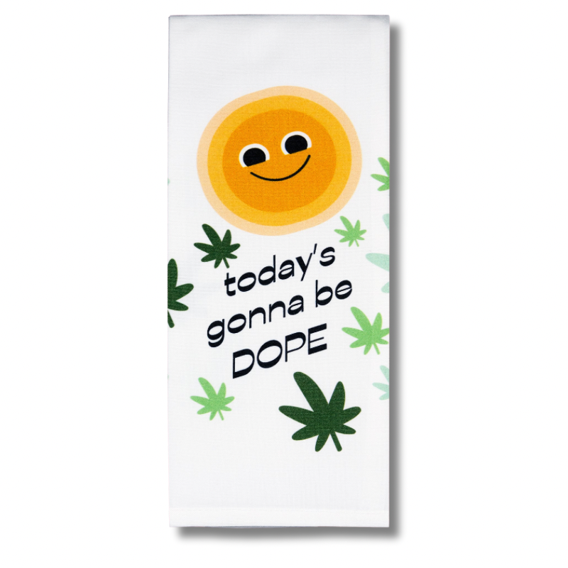premium quality sublimated cotton hand kitchen towel bath today's gonna be dope smiling sun with cannabis marijuana leaf leaves get high gift hilarious funny stoned holiday house warming