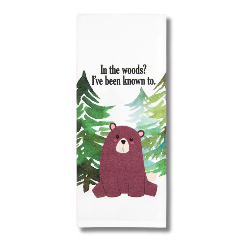 premium quality sublimated cotton hand towel for kitchen or bath bear in front of trees saying in the woods ive been known to does a bear shit in the woods house warming family funny hand towel