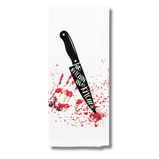 premium quality sublimated cotton hand towel for kitchen or bath butcher knife no bitchin in my kitchen chef true crime murder funny hilarious gift christmas holiday hannukah house warming family funny hand towel