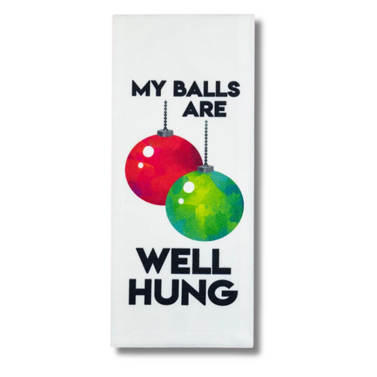 premium quality sublimated cotton hand towel for kitchen or bath glass christmas ornaments my balls are well hung funny hilarious gift christmas holiday hannukah house warming family funny hand towel