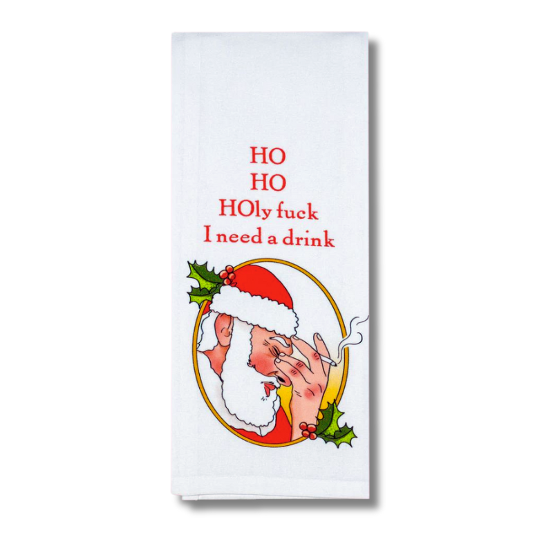 premium quality sublimated cotton hand towel for kitchen or bath ho ho holy fuck i need a drink smoking santa funny hilarious gift christmas holiday hannukah house warming family funny hand towel