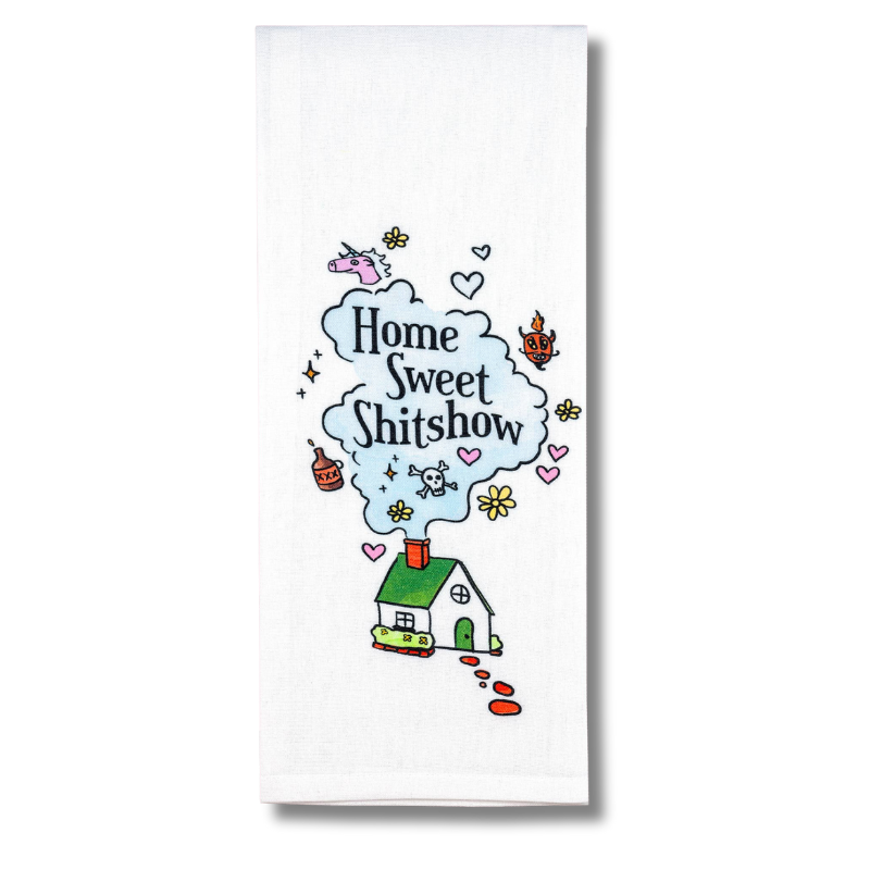 premium quality sublimated cotton hand towel for kitchen or bath home sweet shit show funny hilarious gift christmas holiday hannukah house warming family funny hand towel