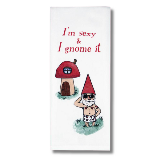 premium quality sublimated cotton hand towel for kitchen or bath im sexy and i gnome it garden gnome green thumb gardener funny hilarious gift christmas holiday hannukah house warming family funny hand towel
