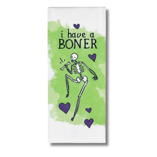 premium quality sublimated cotton hand towel for kitchen or bath skeleton smiling holding a bone and saying i have a boner erection funny hilarious gift christmas holiday hannukah house warming family funny hand towel