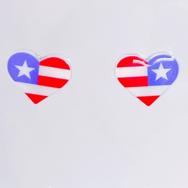 American Flag heart stud earrings close up