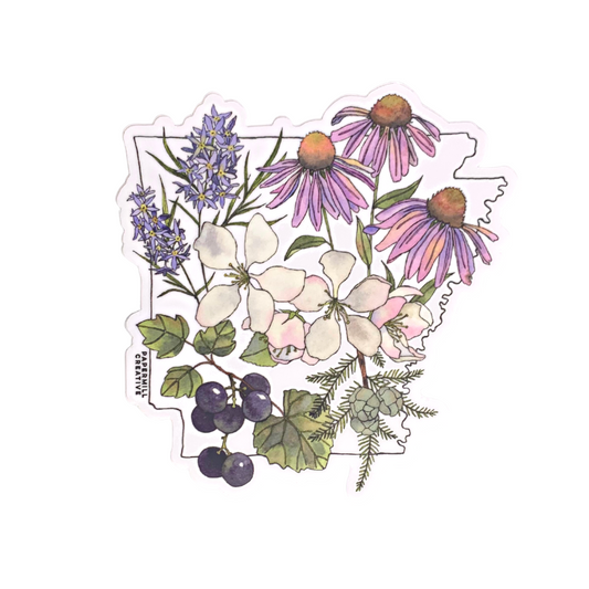 vinyl sticker of the silhouette of the state of arkansas with watercolor botanicals