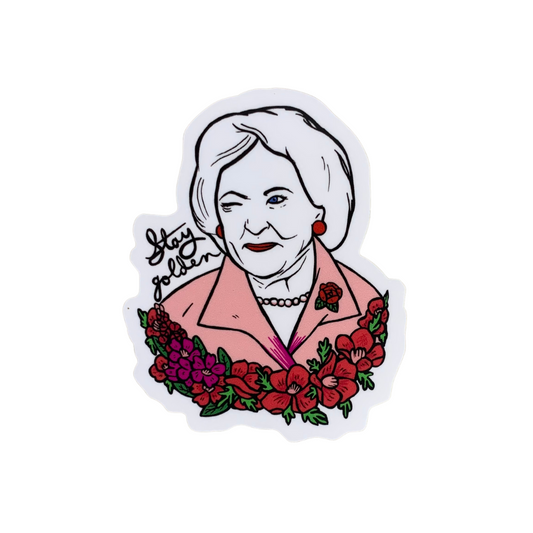 Betty White winking with pearls and red earrings with flowers at the bottom and the phrase stay golden premium vinyl sticker decal