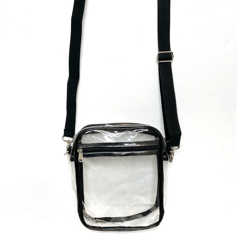 clear crossbody stadium purse perfect for festivals and stadiums where you are required to have a clear bag of specific dimensions. It features a front zipper pocket and a spacious interior, all with zipper closure.