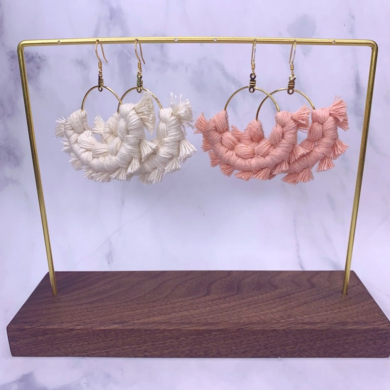 Cream and pink macramé earrings