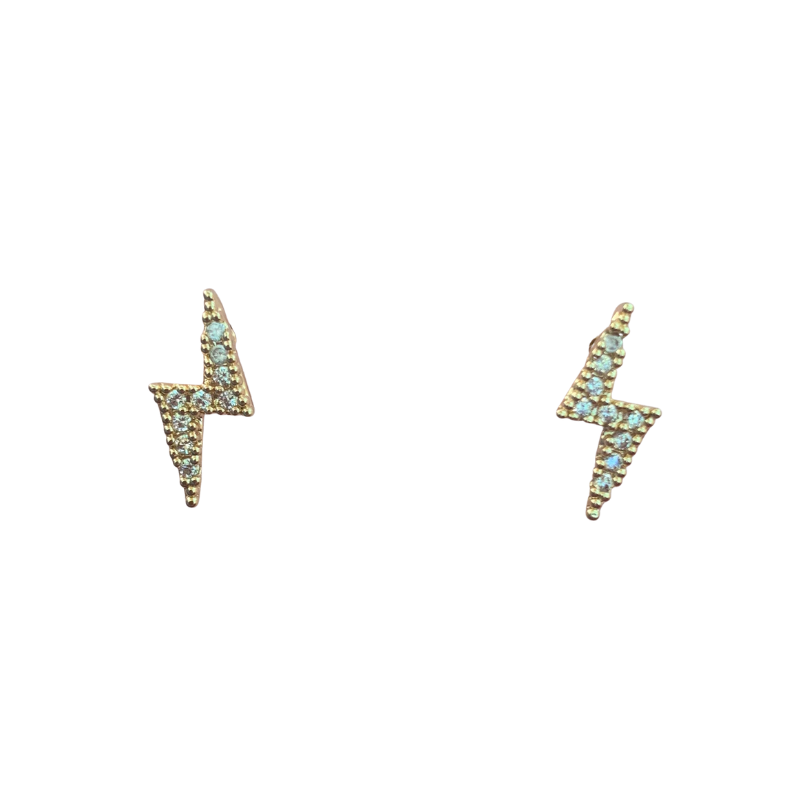 "Gold and Cubic Zirconia Pave Lightning Bolt Stud Earrings close up" "Gold and Cubic Zirconia Pave Lightning Bolt Stud Earrings" 