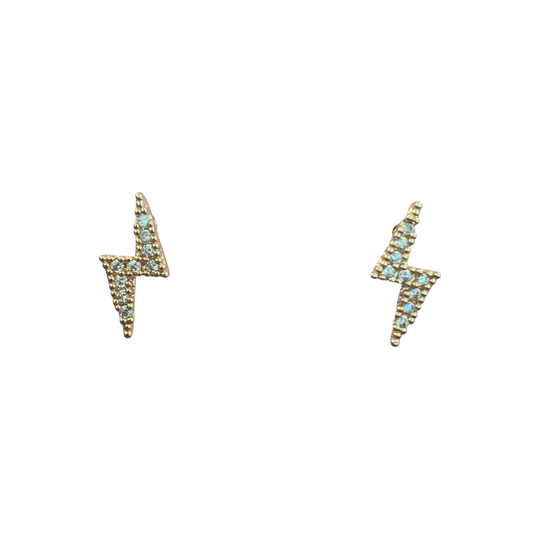"Gold and Cubic Zirconia Pave Lightning Bolt Stud Earrings close up" "Gold and Cubic Zirconia Pave Lightning Bolt Stud Earrings"