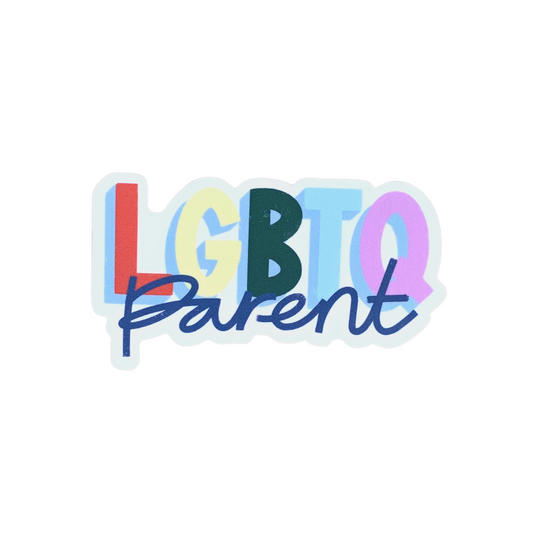 LGBTQ parent premium vinyl sticker decal with LGBTQ in rainbow colors and parent in navy on white background