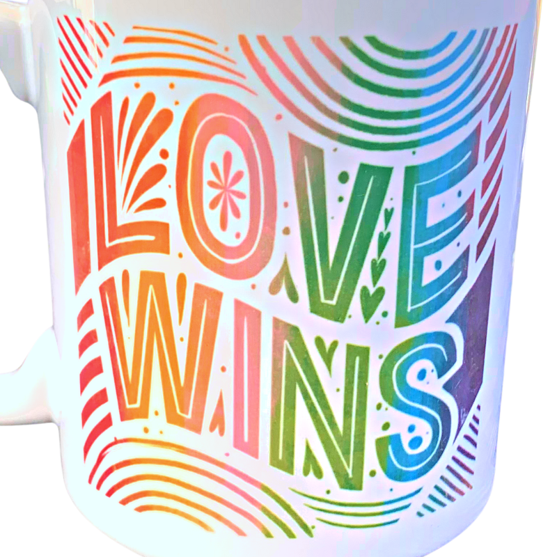 LOVE WINS mug with rainbow ombre art close up of artwork