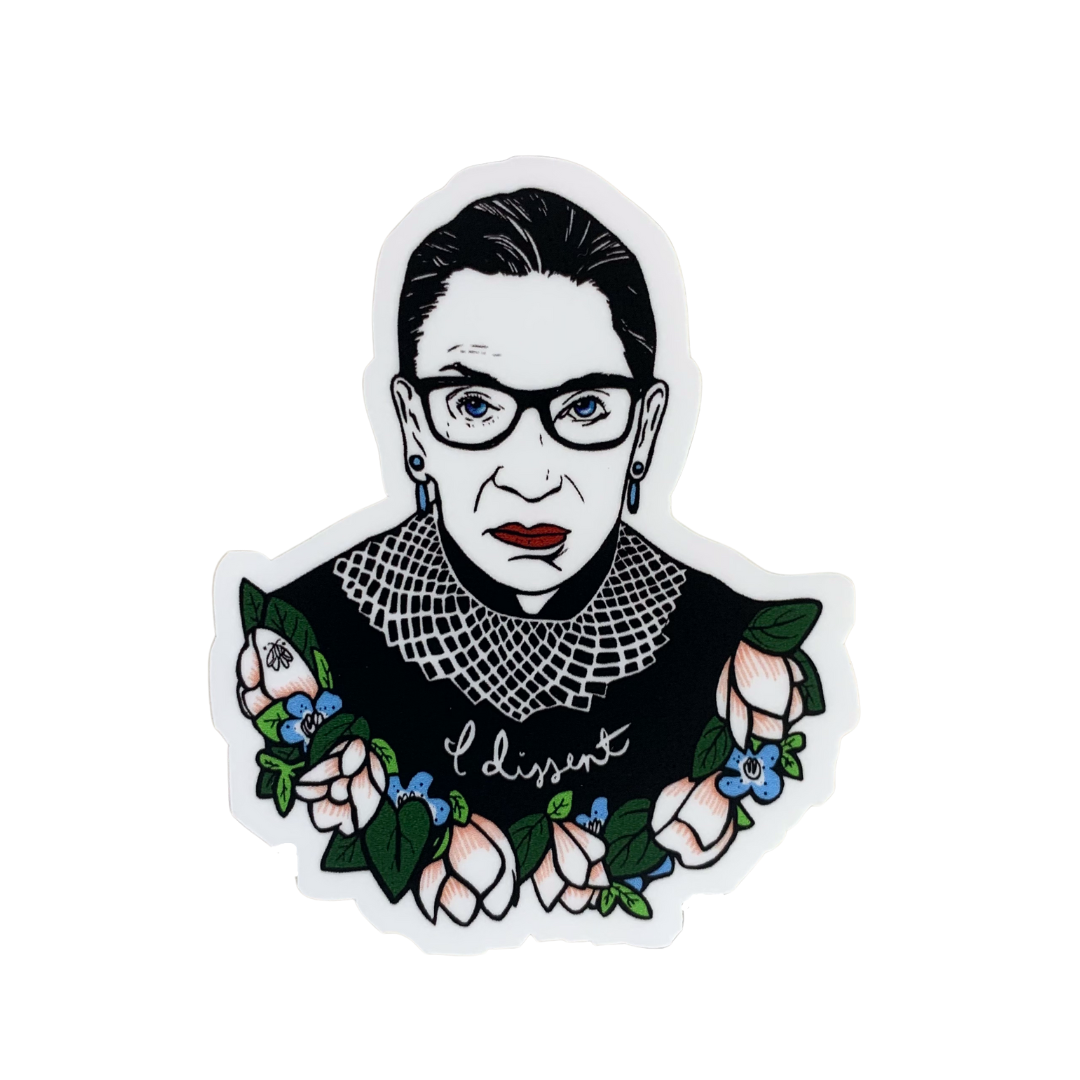 RBG Ruth Bader Ginsburg in her traditional robe and collar with  flowers at the bottom and the phrase I dissent in cursive premium vinyl sticker decal