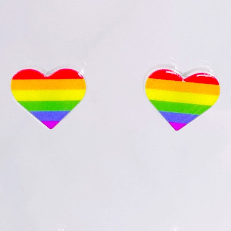 Rainbow heart stud earrings close up