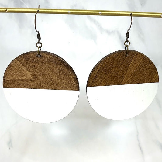 White dipped painted wood circle earrings Close up