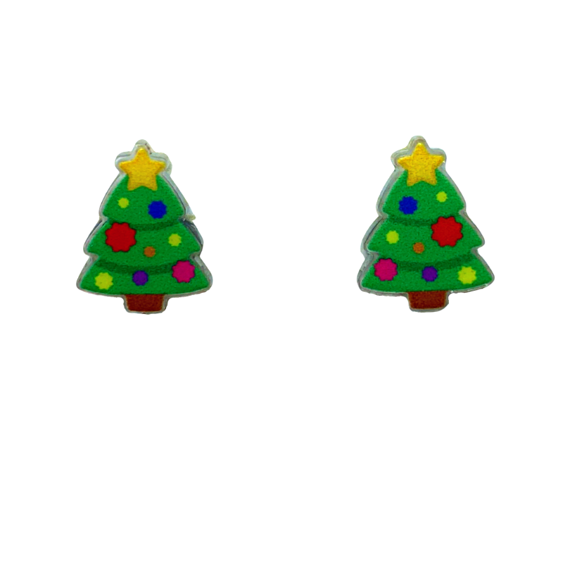 acrylic christmas tree with star and ornaments syuds evergreen pine tree with yellow star on top and multi colored christmas lights holiday stud earrings