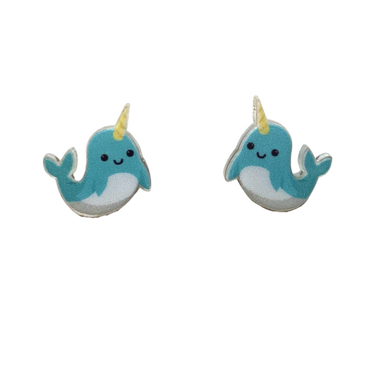 acrylic narwhal studs blue smiling narwhals with white bellies and gold horns spikes stud earrings