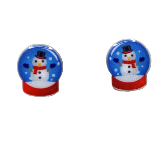 acrylic snowman snow globe studs snow globe with red base with snowman inside stud earrings