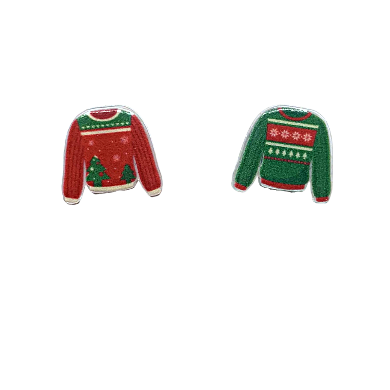 acrylic ugly christmas holiday sweater studs an ugly red sweater and an ugly green sweater for christmas and holidays stud earrings